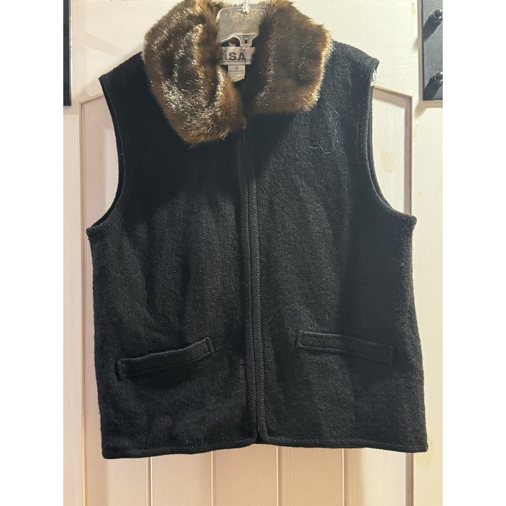VTG Lisa International Women's Vest Sz M Boiled Wool Black Full Zip Fur Collar